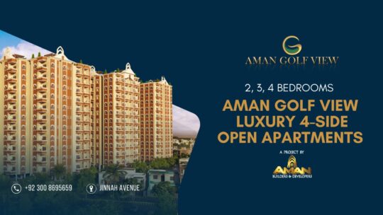 Aman Golf View luxury apartments with 2, 3, and 4-bedroom options, located on Jinnah Avenue. A project by Aman Builders & Developers